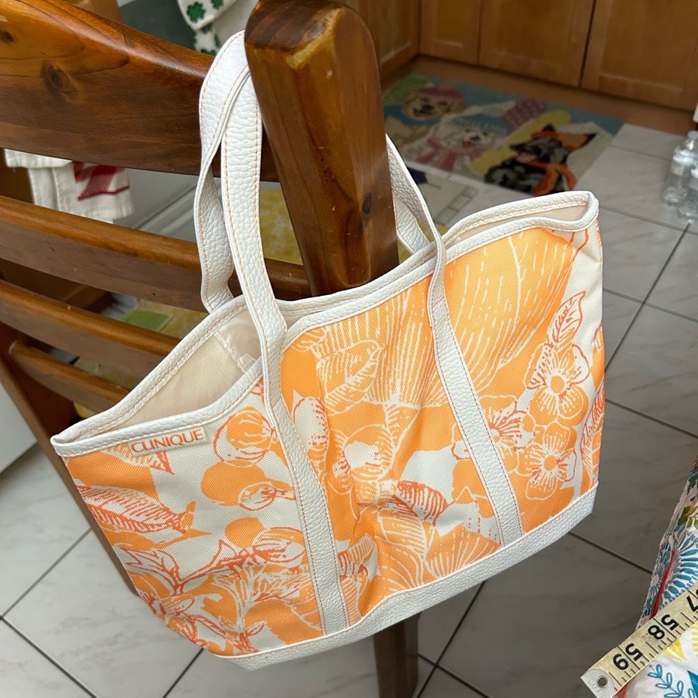 Clinique Orange and White Floral Canvas Tote - Picture 2 of 4